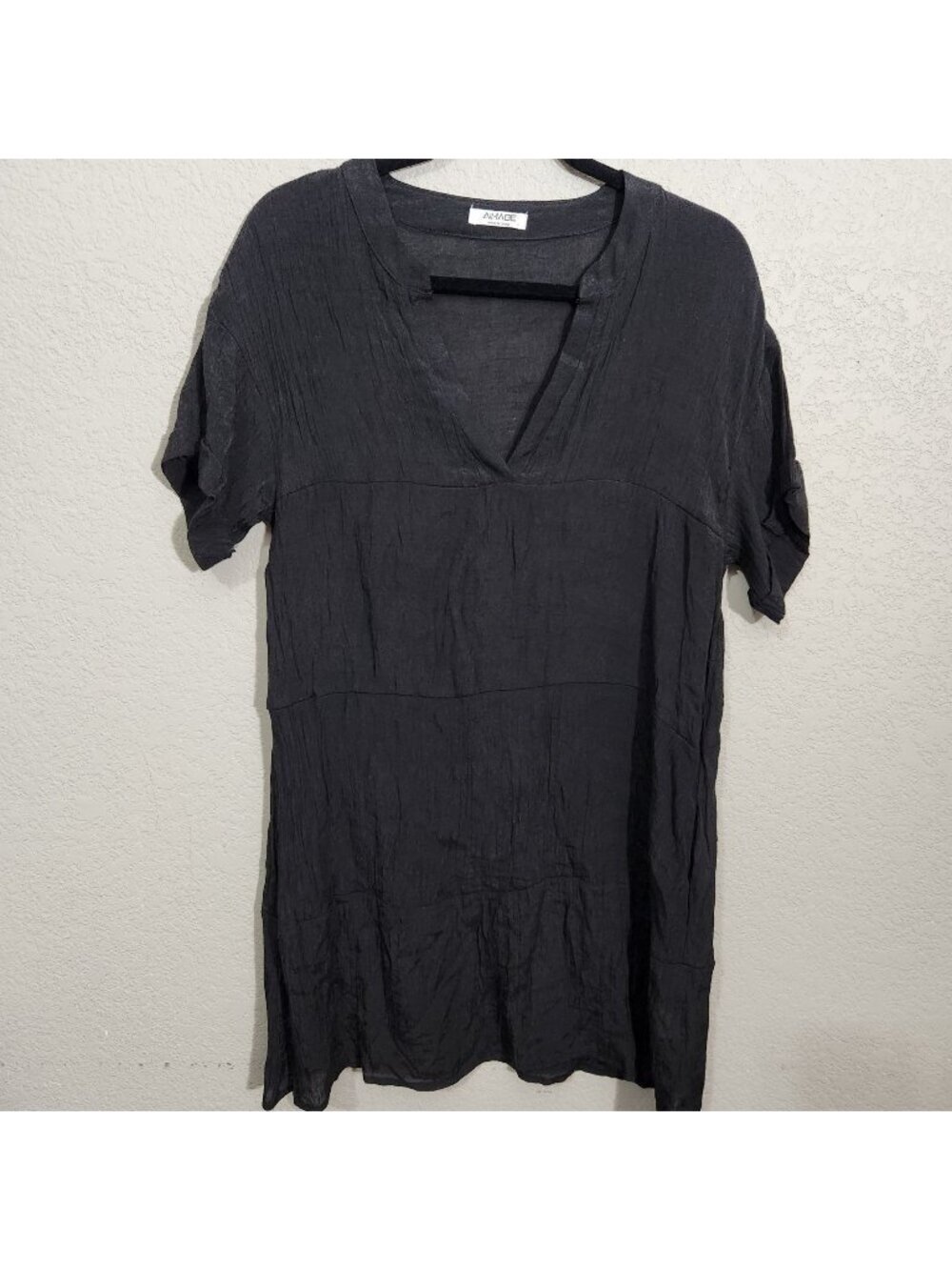 Aimage Womens Black Crinkle Short Sleeve V-Neck Tunic Dress Size Small